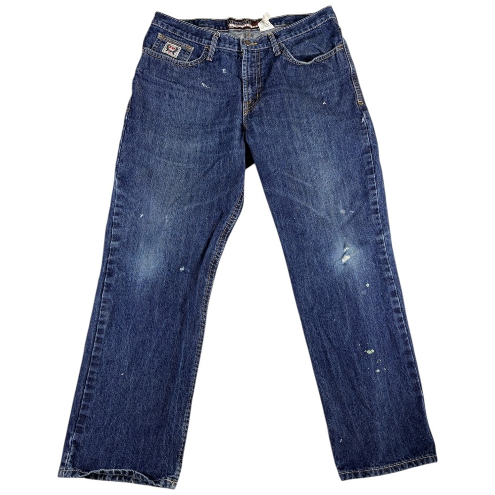 Cinch Work Jeans Mens 38x32 (37x30.5) Blue Straight Flame Resistant Distressed